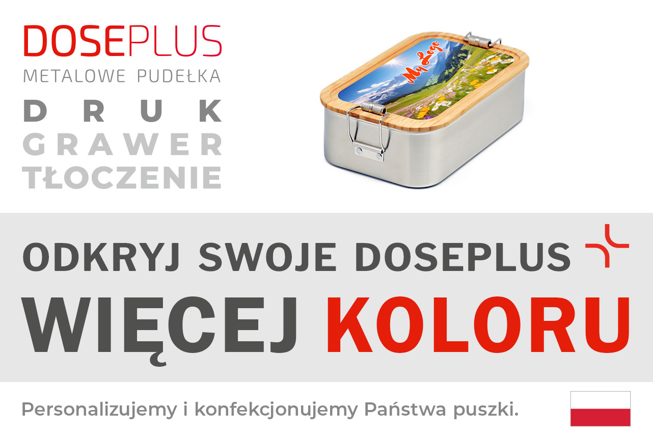 Stalowa lunchbox CP SA 10 z bambusową pokrywką – Baner: Odkryj swoje Doseplus – Więcej koloru. Kolorowe, trwałe pudełko SafeMax idealne do grawerunku i personalizacji.