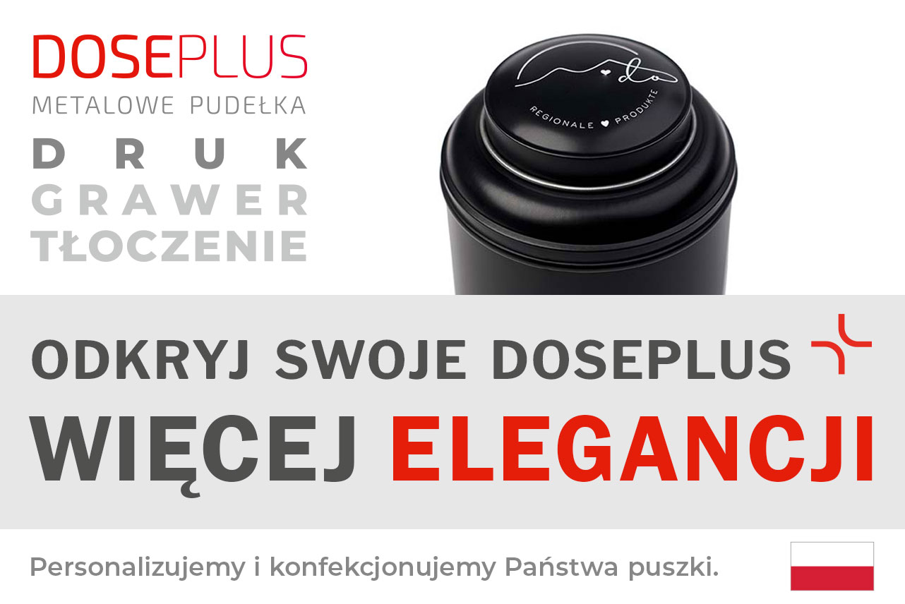 Czarna metalowa puszka Doseplus z eleganckim białym wzorem na wieczku i napisem „Produkty regionalne”. Tekst: „Tłoczenie, grawer laserowy, nadruk – odkryj Doseplus, więcej elegancji”.