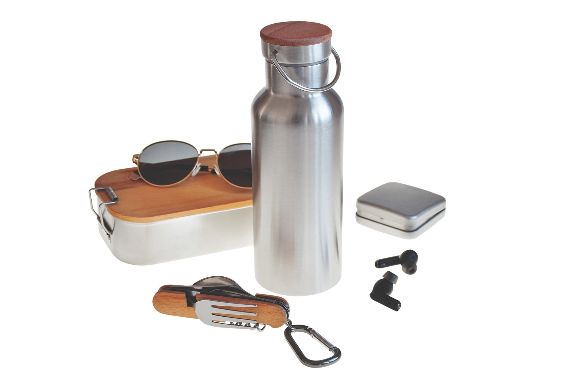 delstahl Trinkflasche mit Holzdeckel, Lunchbox und Outdoor-Besteck als Set