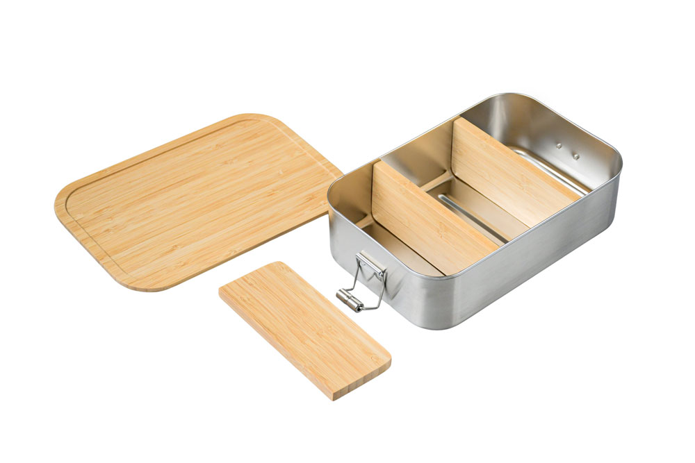 Edelstahl-Lunchbox CP BA C8 mit eingesetztem Bambus-Unterteiler und Bambusdeckel