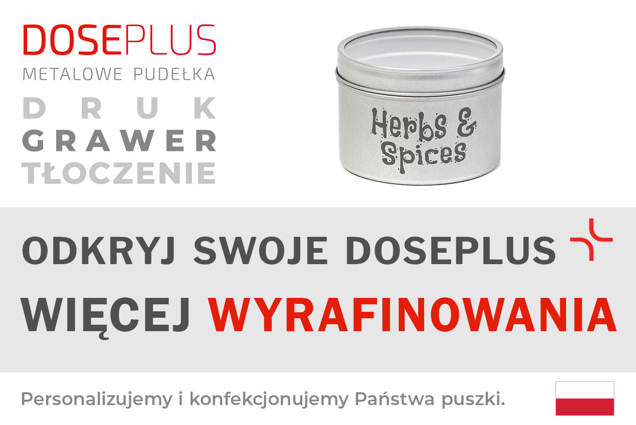 Metalowa puszka na przyprawy Doseplus z okienkiem – baner z napisem: Odkryj swoje Doseplus, więcej wyrafinowania. Elegancka puszka z możliwością graweru i nadruku.
