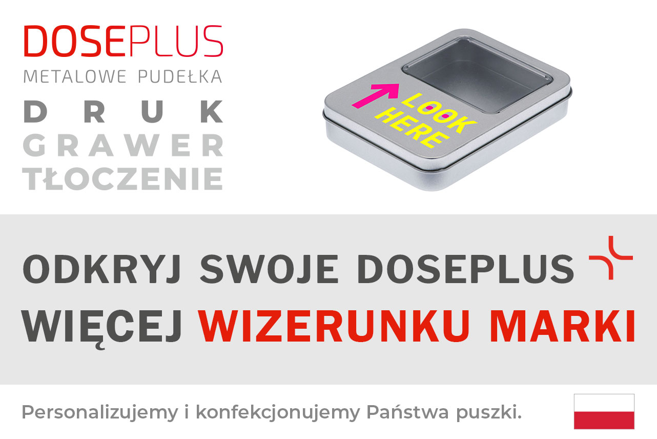 Prostokątne metalowe pudełko Doseplus z okienkiem – baner z napisem: Odkryj swoje Doseplus, więcej wizerunku marki. Spersonalizowane metalowe opakowanie z nadrukiem, grawerem i tłoczeniem.