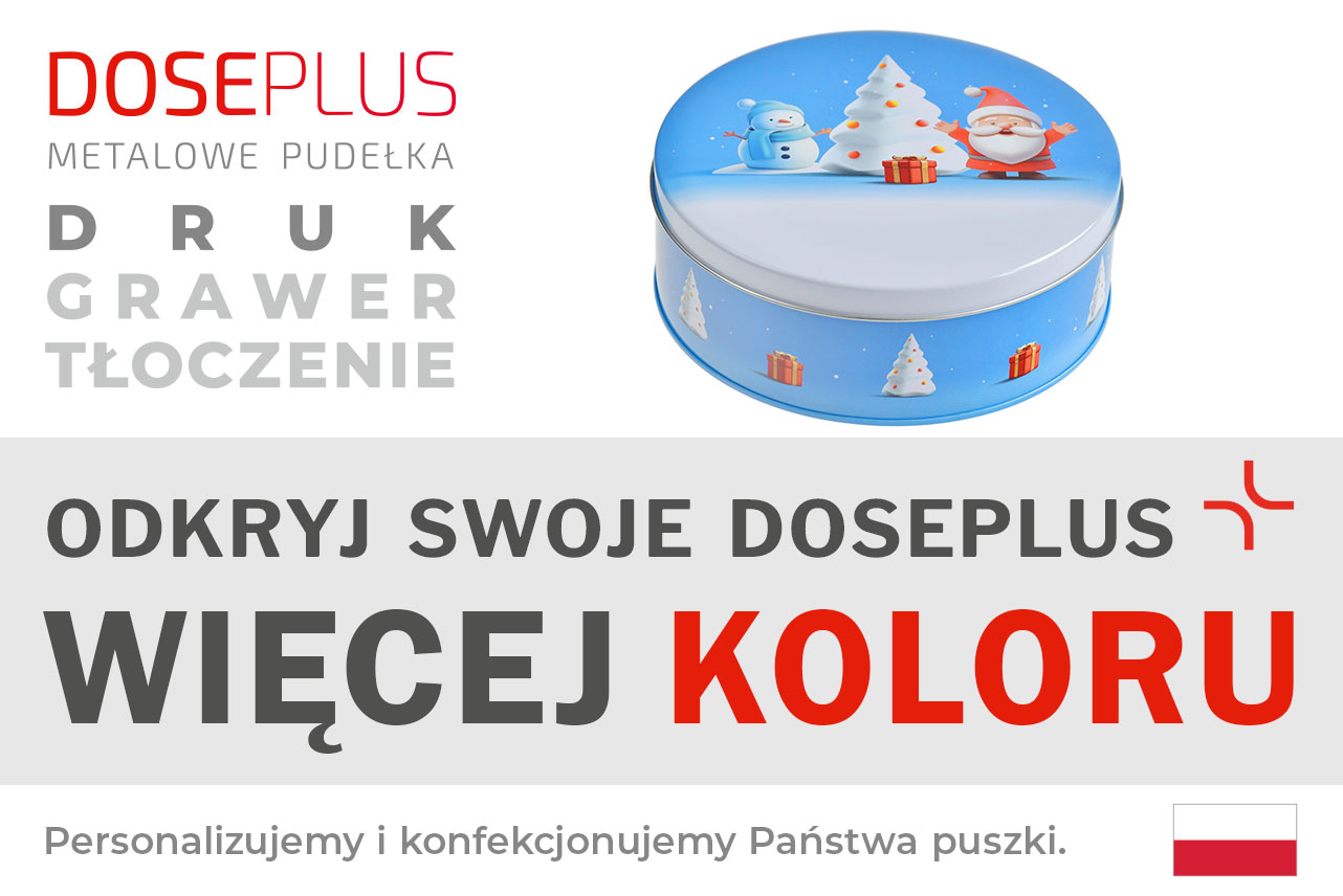Okrągła metalowa puszka Doseplus z motywem świątecznym – bałwanek, Mikołaj i choinka z prezentami na jasnoniebieskim tle. Tekst: „Tłoczenie, grawer laserowy, nadruk – odkryj Doseplus, więcej kolorów”.