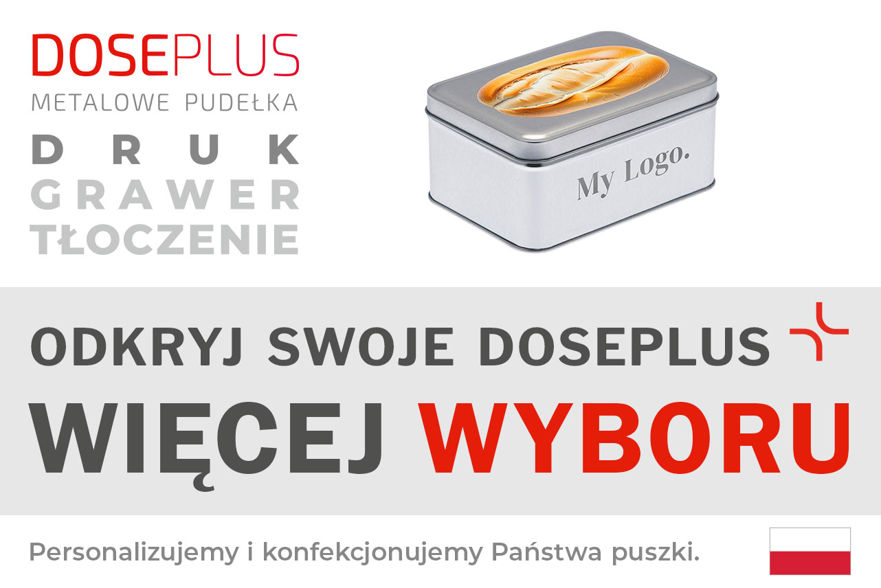 Metalowa puszka Doseplus DSE 125.87 – baner: Odkryj swoje Doseplus, więcej wyboru. Prostokątna puszka z pokrywką nakładaną, idealna do przechowywania i pakowania.