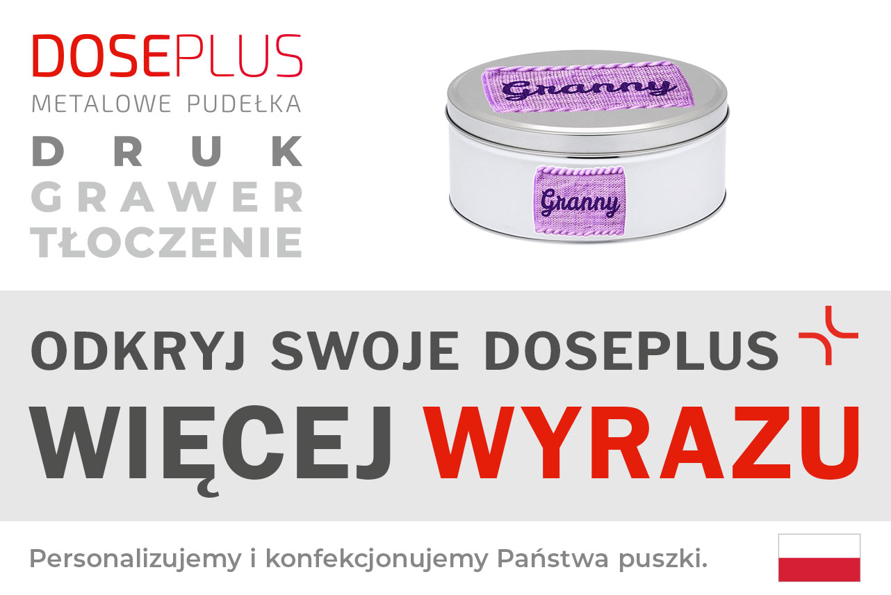 Metalowa okrągła puszka Doseplus DSR-055 – baner: Odkryj swoje Doseplus, więcej wyrazu. Srebrna puszka idealna do eleganckiego pakowania i personalizacji.