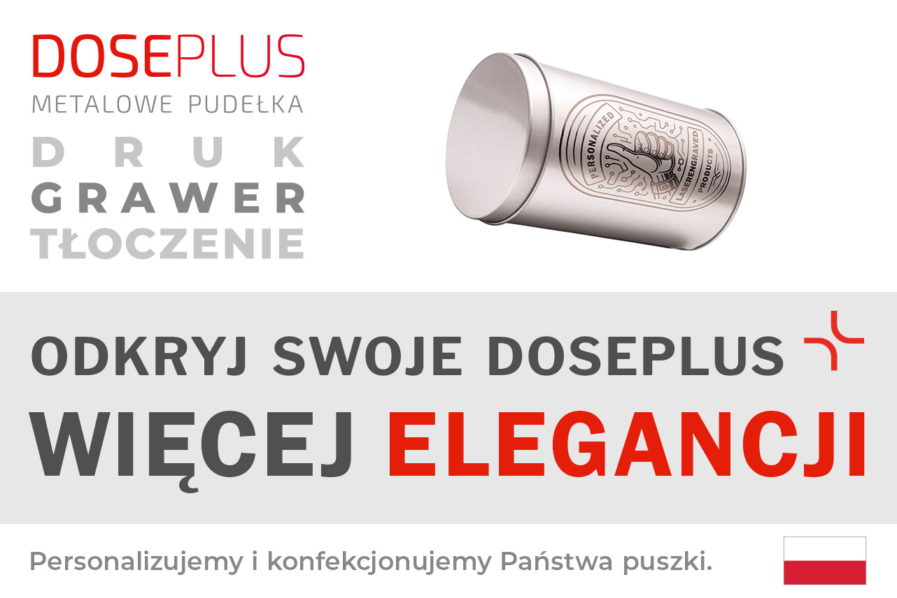 Okrągłe metalowe pudełko upominkowe Doseplus – baner z napisem: Odkryj swoje Doseplus, więcej elegancji. Spersonalizowane metalowe opakowania z grawerem, tłoczeniem i nadrukiem.