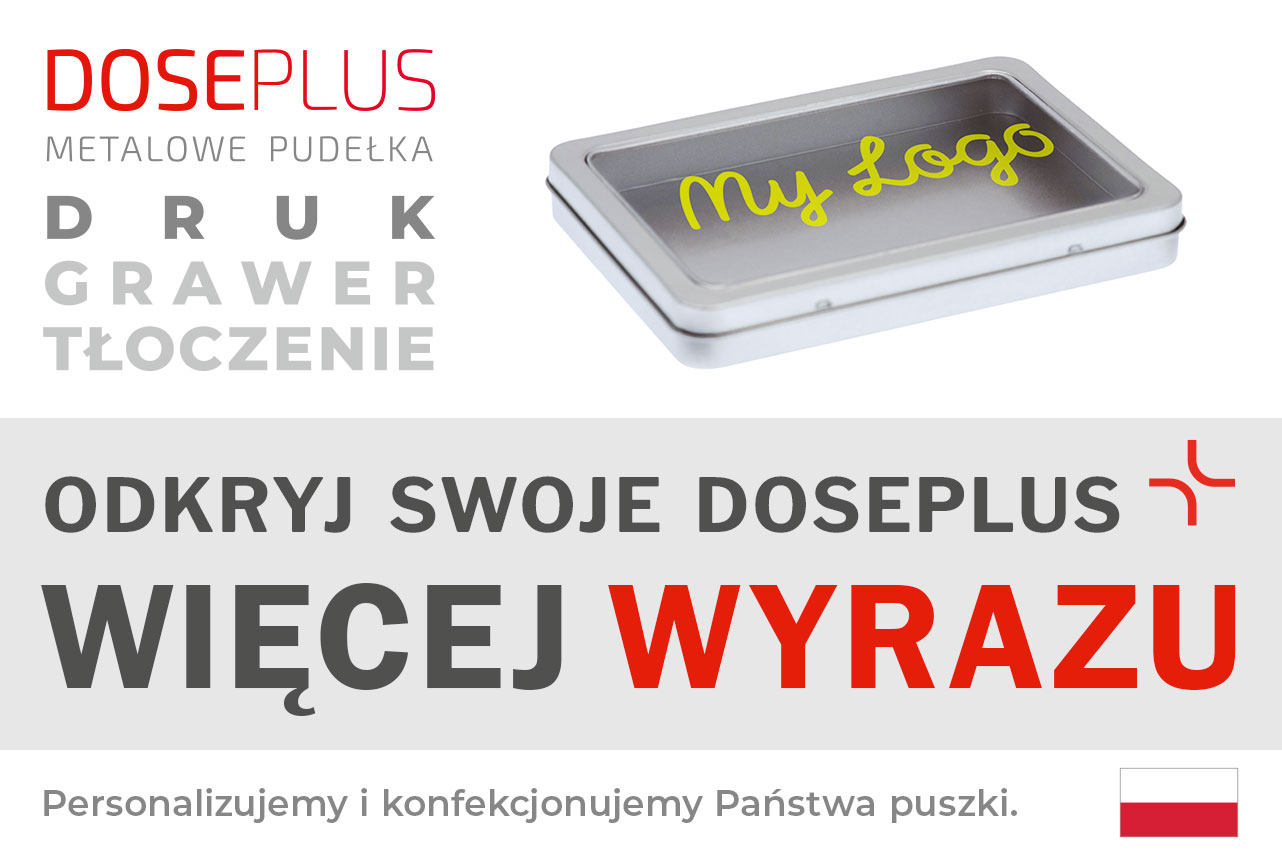 Metalowe pudełko Doseplus DIN A6 Maxi View z okienkiem – baner z napisem: Odkryj swoje Doseplus, więcej wyrazu. Prostokątna puszka z przezroczystą pokrywką i nadrukiem.