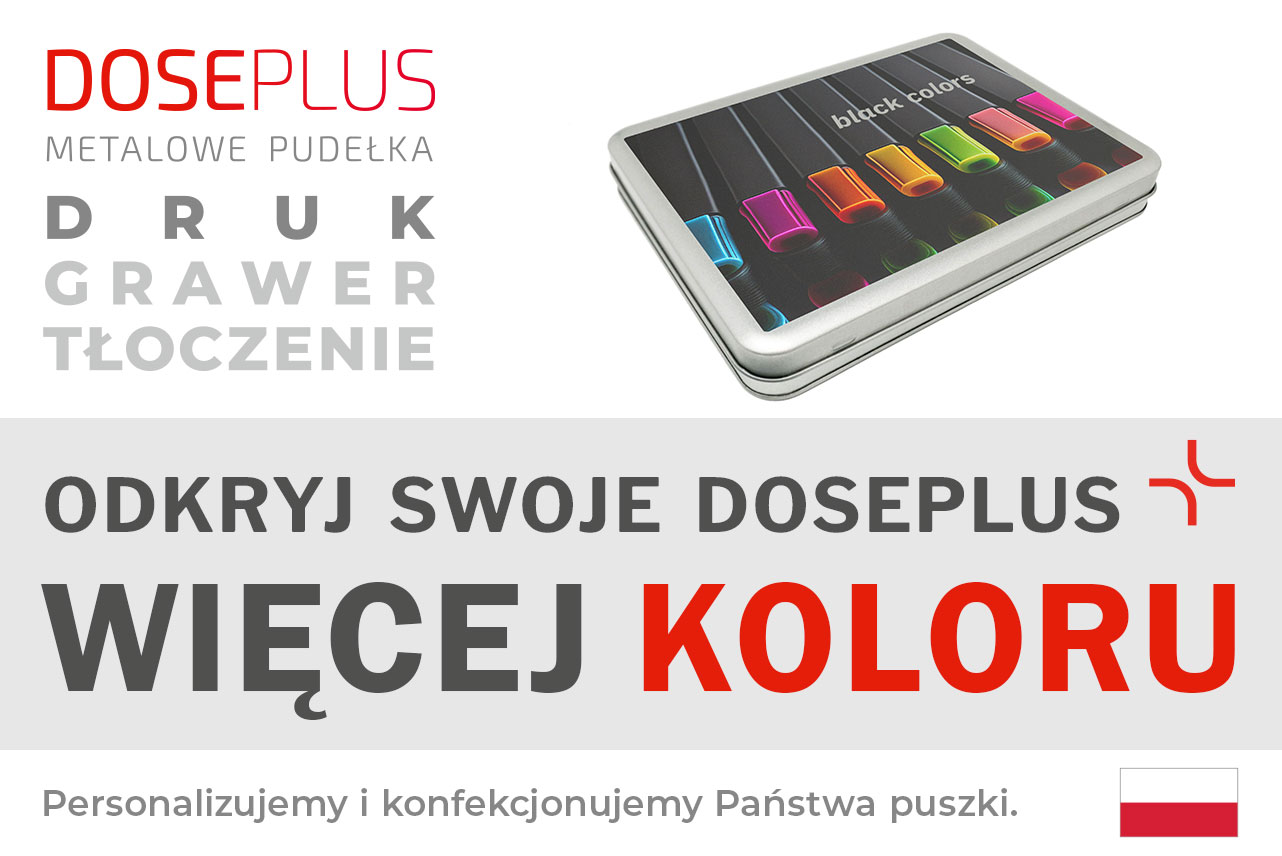 Prostokątna srebrna puszka metalowa Doseplus z kolorowym nadrukiem przedstawiającym barwne pisaki na czarnym tle. Tekst: „Tłoczenie, grawer laserowy, nadruk – odkryj Doseplus, więcej kolorów”.