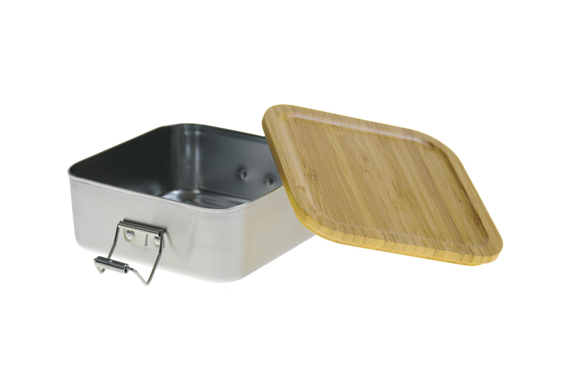 Geöffnete Edelstahl-Sandwichbox, Deckel kann als Schneidebrett verwendet werden