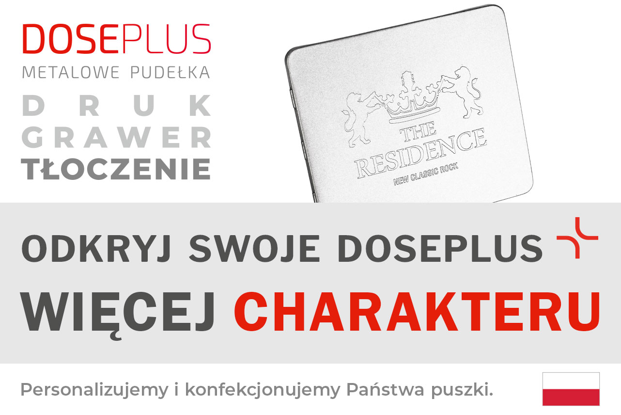 Prostokątna srebrna puszka metalowa Doseplus z wytłoczonym wzorem korony i dwóch lwów oraz napisem „The Residence – New Classic Rock”. Tekst: „Tłoczenie, grawer laserowy, nadruk – odkryj Doseplus, więcej charakteru”.