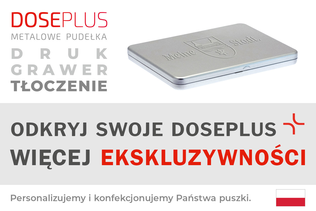 Płaska srebrna puszka metalowa Doseplus z wytłoczonym herbem i napisem „Meine Stadt.” Tekst: „Tłoczenie, grawer laserowy, nadruk – odkryj Doseplus, więcej ekskluzywności.”