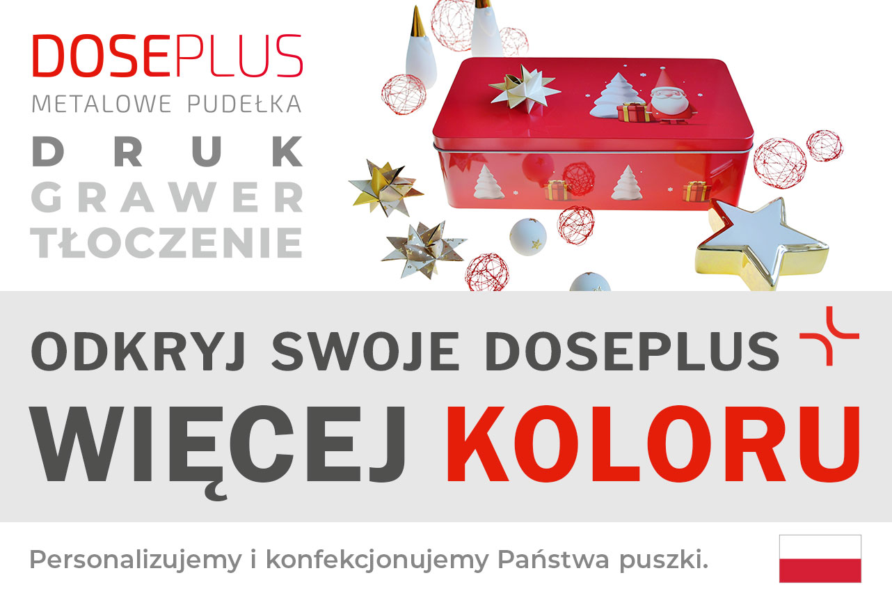Czerwona metalowa puszka Doseplus z motywem świątecznym – Mikołaj, prezenty i choinki, otoczona złotymi i srebrnymi gwiazdkami, czerwonymi ozdobami i białymi bombkami. Tekst: „Tłoczenie, grawer laserowy, nadruk – odkryj Doseplus, więcej kolorów”.