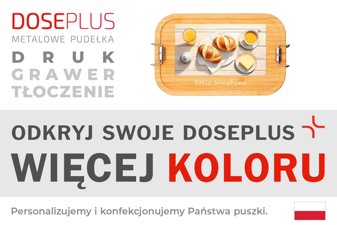 Stalowe pudełko śniadaniowe CP BA C1 z bambusową pokrywką – Baner: Odkryj swoje Doseplus – Więcej koloru. Kolorowa, trwała lunchbox idealna do personalizacji i brandingu.