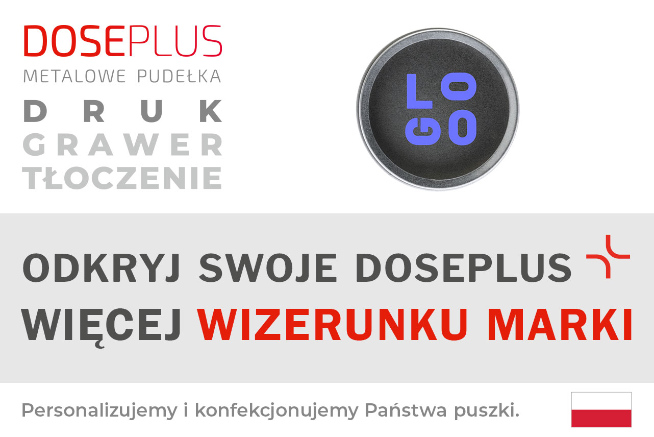 Okrągłe metalowe pudełko Doseplus z okienkiem i zakrętką – baner z napisem: Odkryj swoje Doseplus, więcej wizerunku marki. Spersonalizowane pudełko z nadrukiem, grawerem i tłoczeniem.